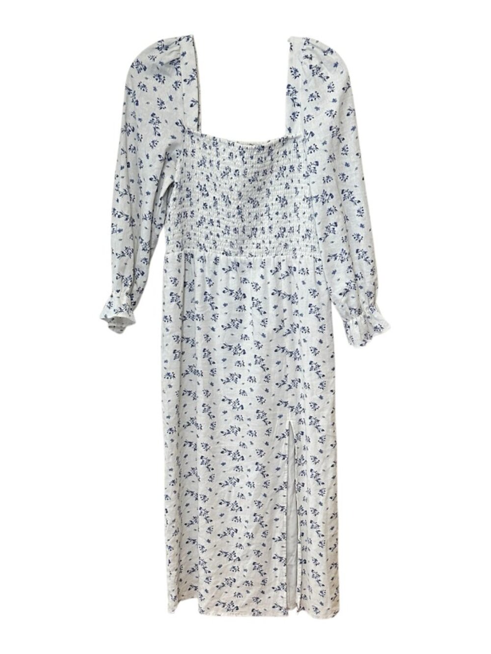 House of Harlow 1960 White Blue Floral Smocked Midi Square Neck Dress M Cottage